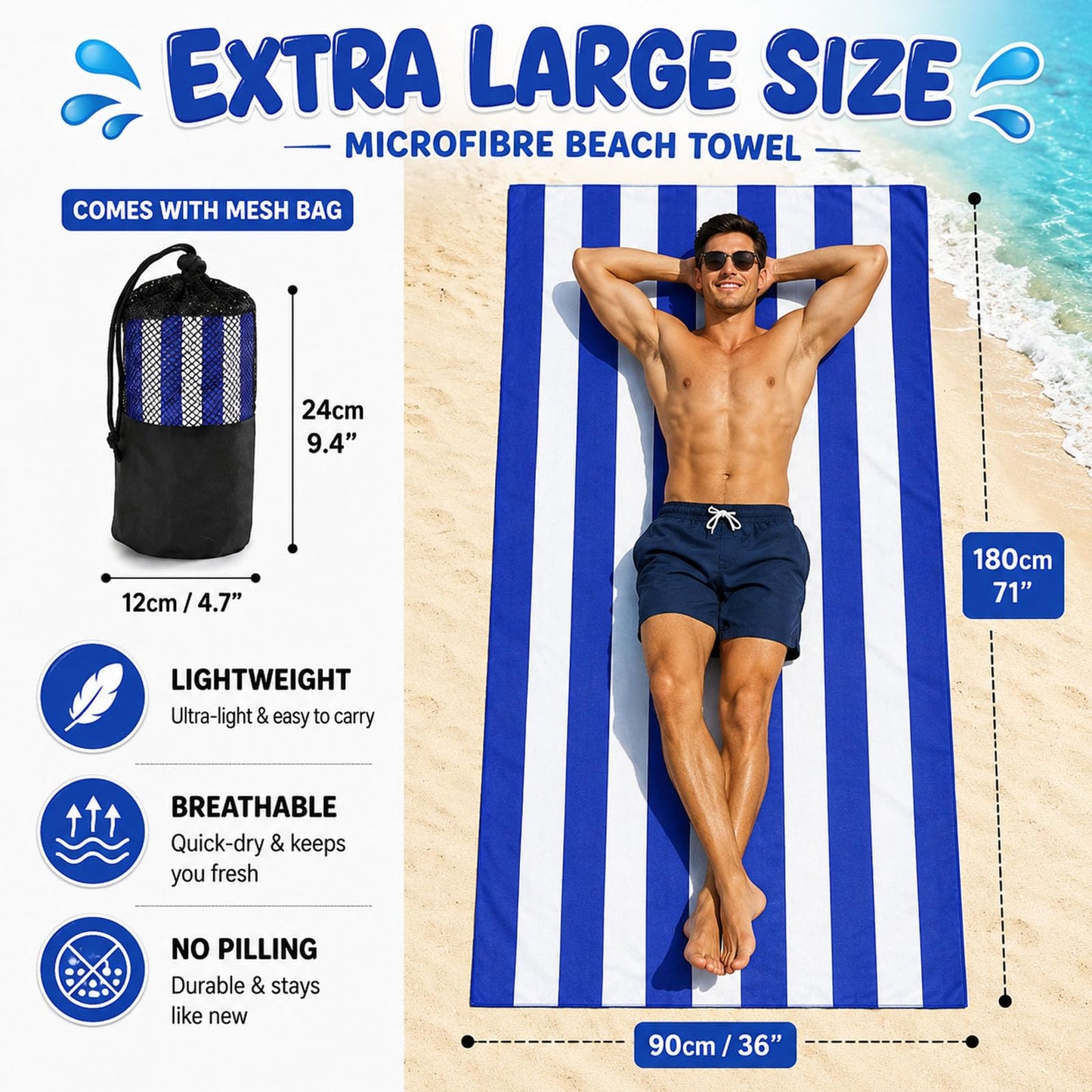 Admygo Microfibre Beach Towels for Adults - 2 Pack 180 x 90 cm Extra Large Beach Towels with Drawstring Bags