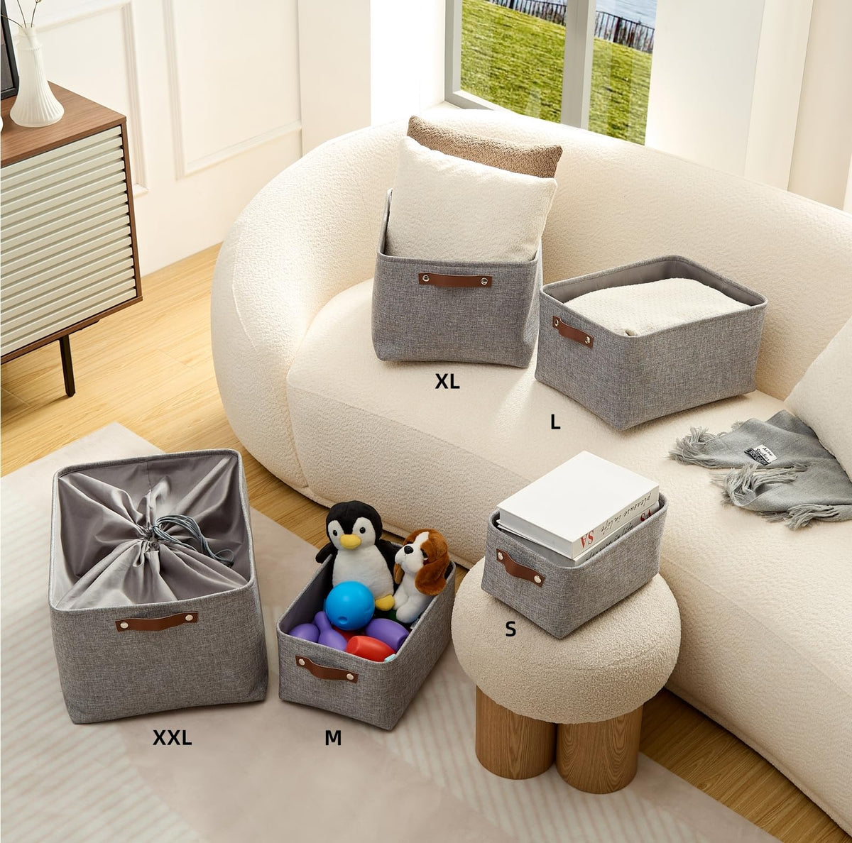 Mangata Set of 3 Fabric Storage Boxes, Medium Collapsible Storage Basket for Books, Baby Toys, Clothes Medium, Grey