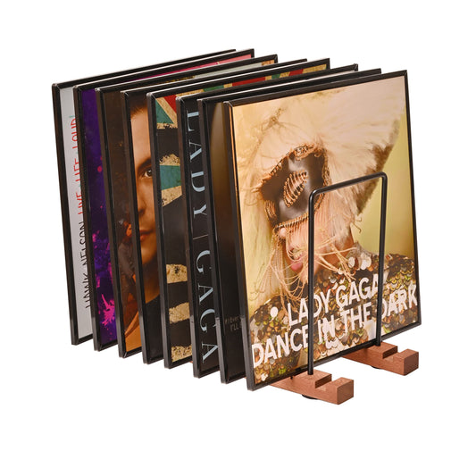 Yorkmills Vinyl Record Storage, Display Up to 50 LP Albums DVDs CDs, Solid Wooden Vinyl Record Holder with Stainless-Steel lp Storage Boxes shelf