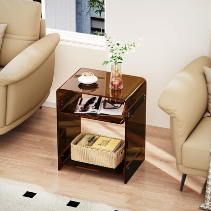 Acrylic End Table with Storage Shelf, Clear Side Table, Record Player Table, Nightstand, 15.7x19.7x11.8 Dark Brown, 40×30×50 cm