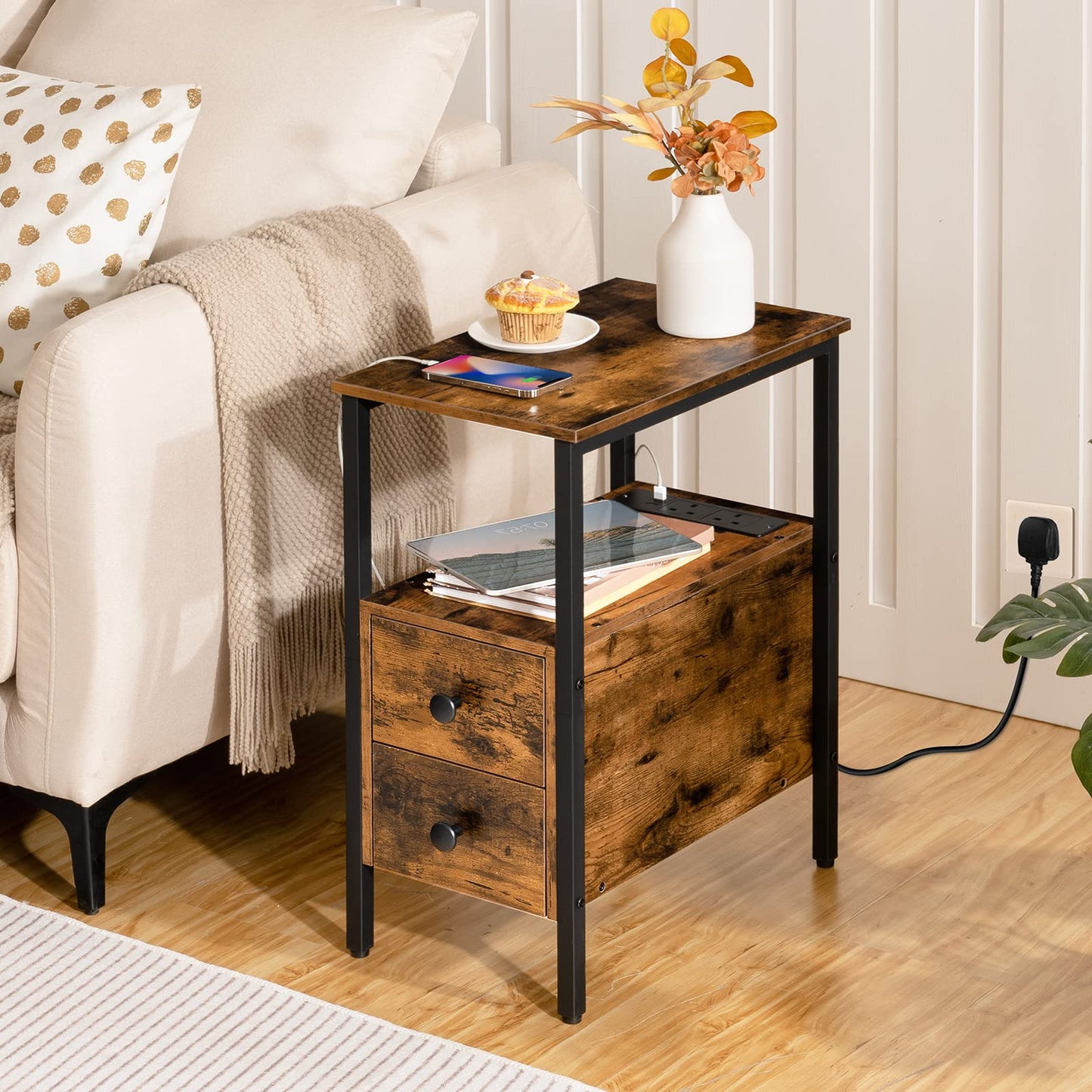 HOOBRO Side Table, Narrow Bedside Table with Charging Station, USB Ports and Power Outlets, Slim Side Table for Small Spaces, 2 Drawers, Industrial