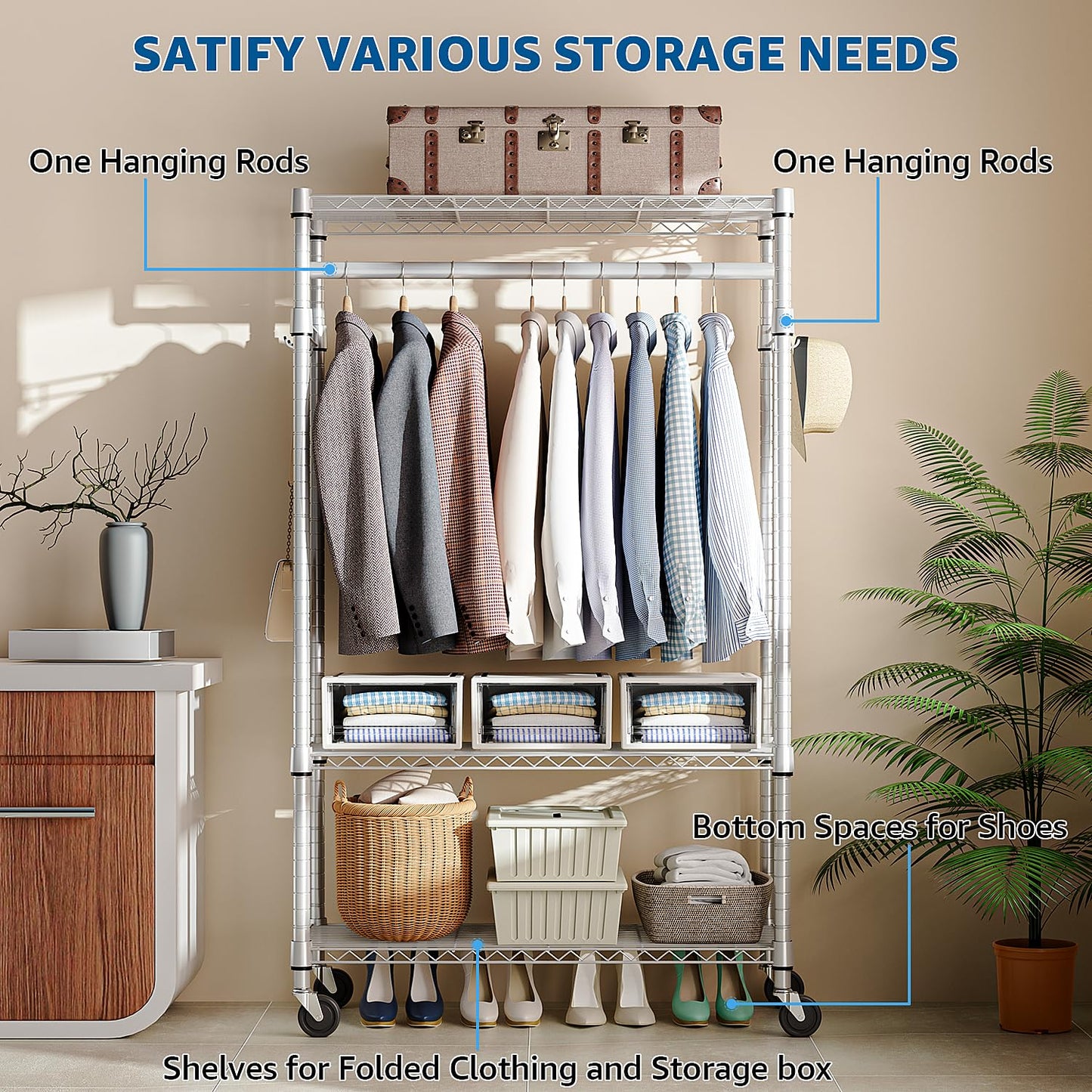 M MZG Heavy Duty Rolling Garment Rack 3 Tiers Adjustable Wire Shelving Clothes Rack with Rods and Side Hooks,Storage Closet Clothing Rack with Wheels