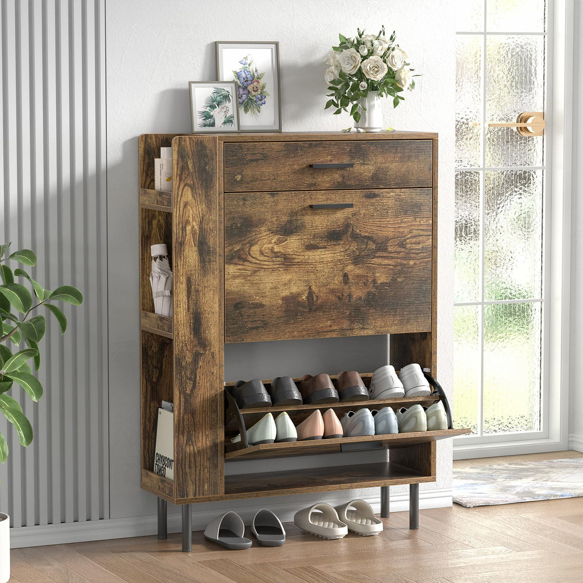 Yvsevnr Wooden Shoe Cupboard with 2 Flip Drawers and 3 Open Shelf Freestanding Entryway Storage Unit with Adjustable Shelves Shoe Storage Cabinet for