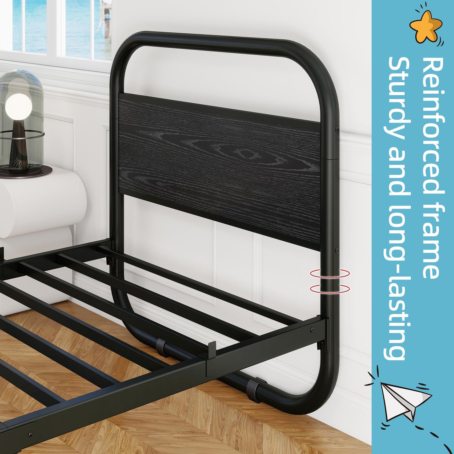 Diahomy 3ft Single Bed Frame with Wood Headboard and Footboard, Black