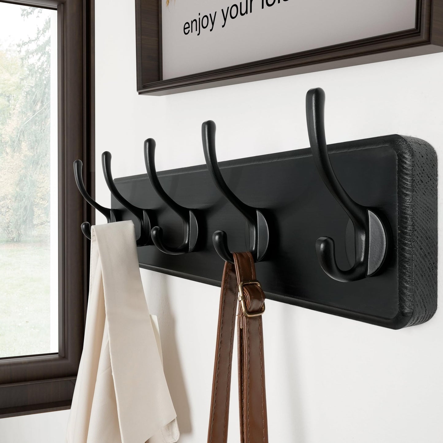 SKOLOO Farmhouse Style Wall Mounted Coat Rack, Pine Solid Wood Coat Hook Hanger - 5 Hooks for Hanging Clothes Robes Towels Coats
