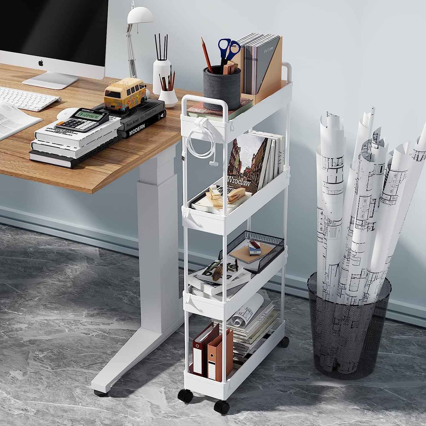 Queta Storage Trolley, Kitchen Storage Utility Cart Mobile Shelving Unit with Handle Hook Slide Out Storage Rack for Office, Kitchen, Bedroom
