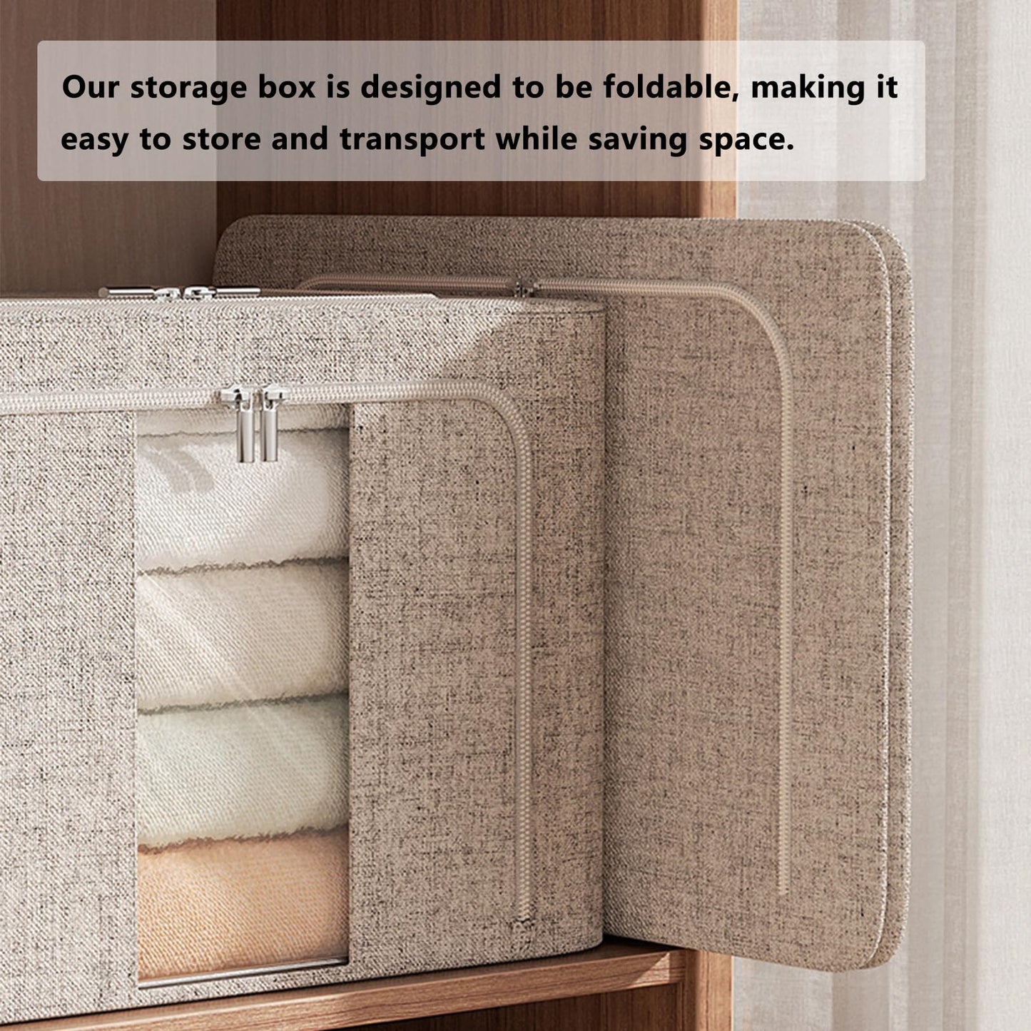 FYTXSZ Clothes Storage Boxes 66L with Metal Frame, Foldable Fabric Storage Bins with Lid and Clear Window