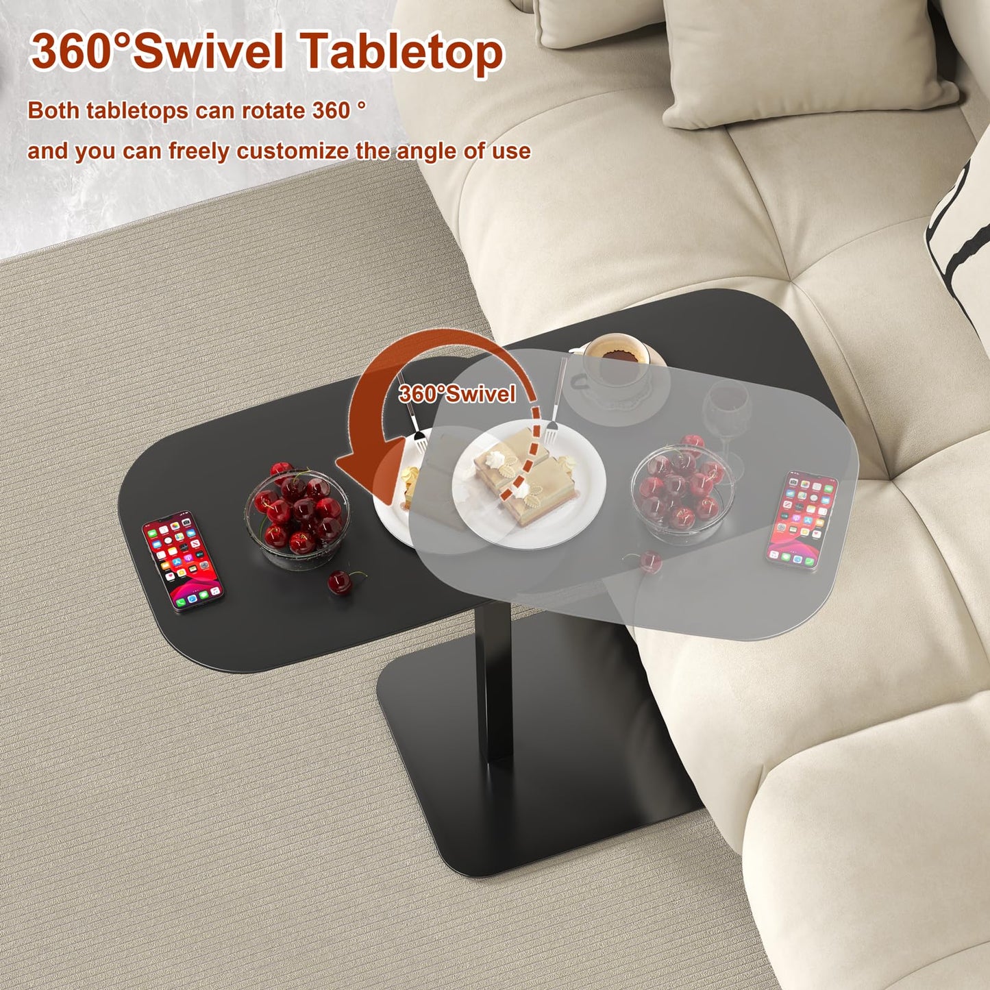 Adjustable Height C Shaped Side Table, 360°Swivel Bedside Table, Double Tabletop Laptop TV Tray Table Narrow End Table for Sofa/Bed