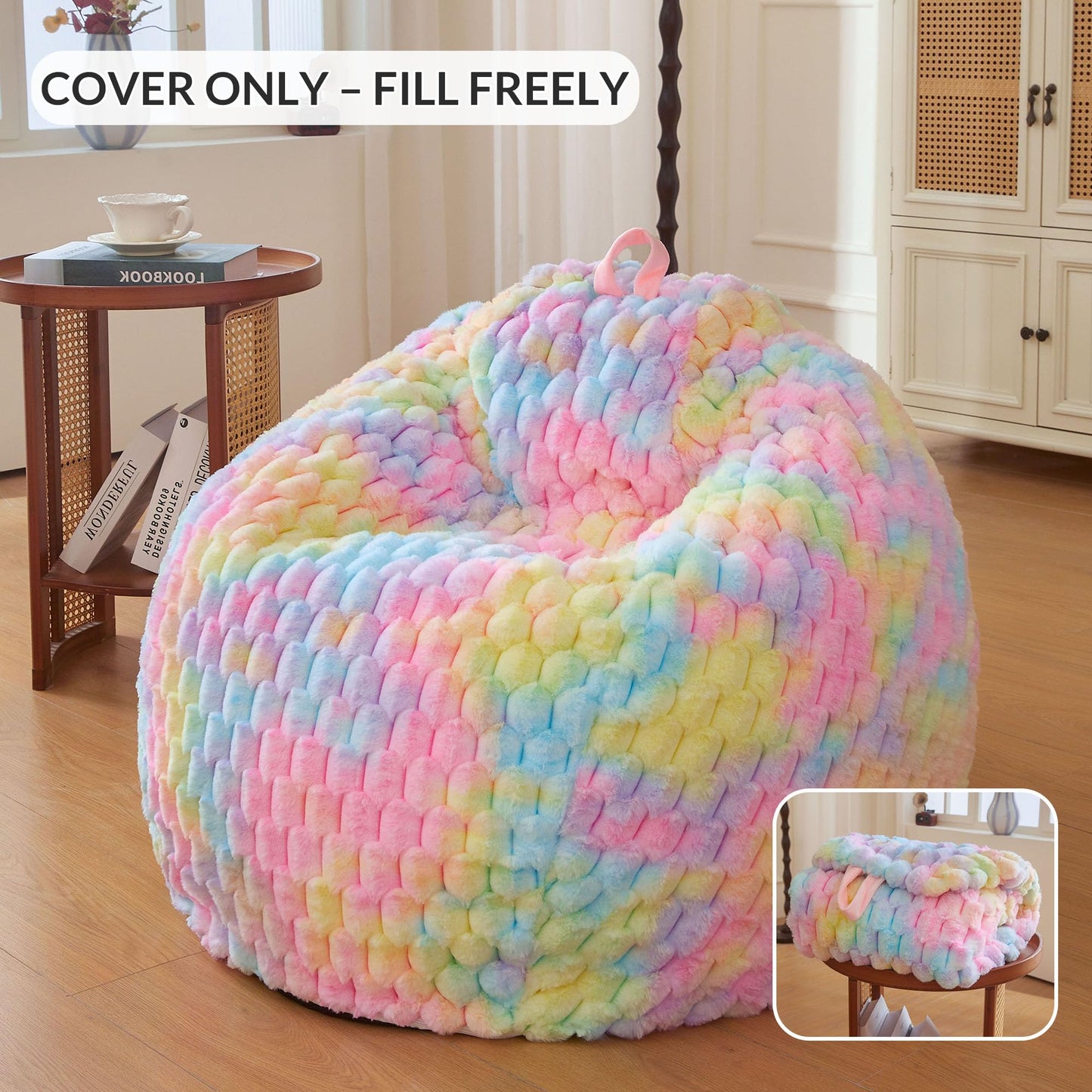 XeGe Bubble Kids Fluffy Faux Rabbit Fur Bean Bag Cover(No Filler), Rainbow