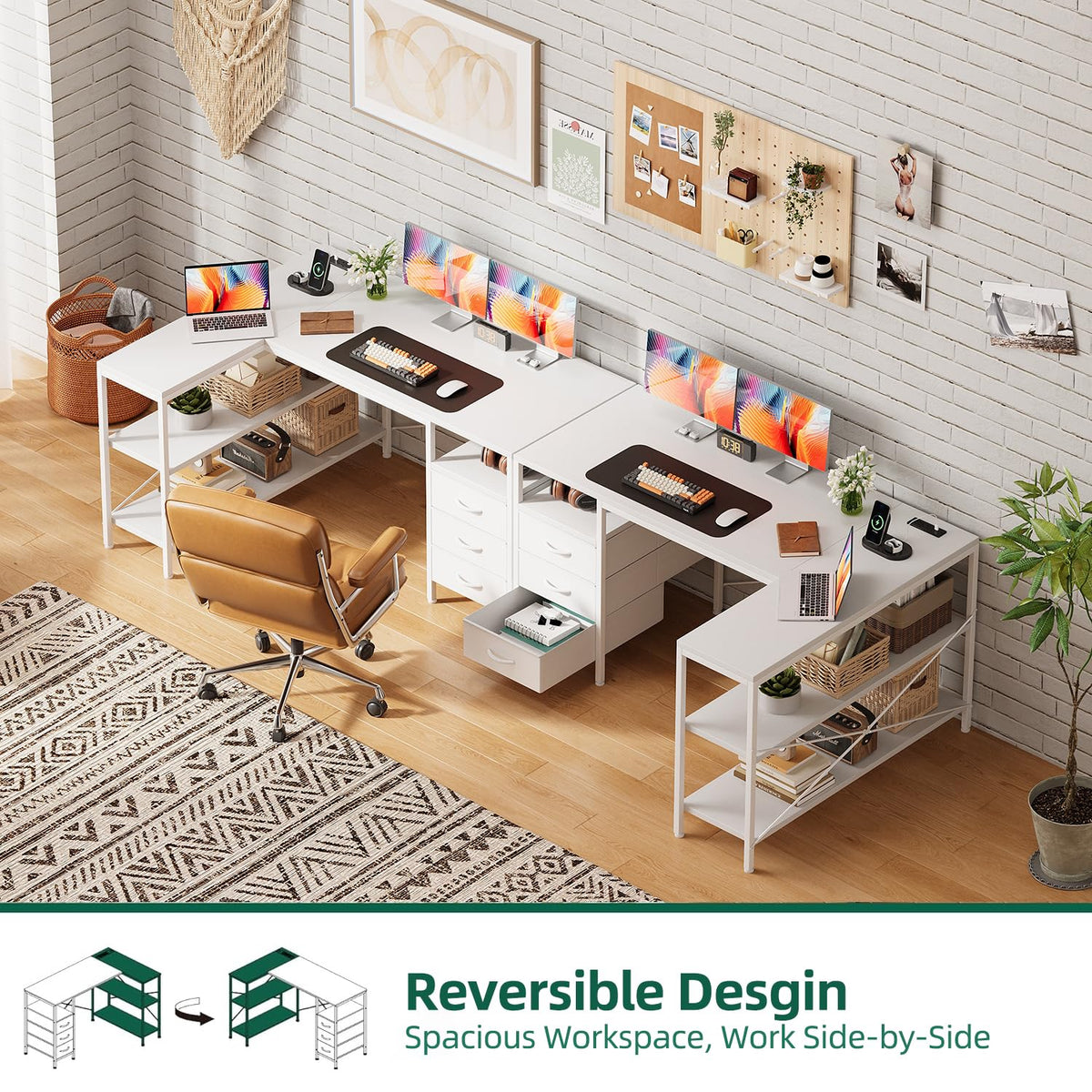 CAIYUN 120cm Corner Desk with Drawers, Reversible L shaped Computer Desk with Power Outlet, Home Office Desk with USB Charging Port, White
