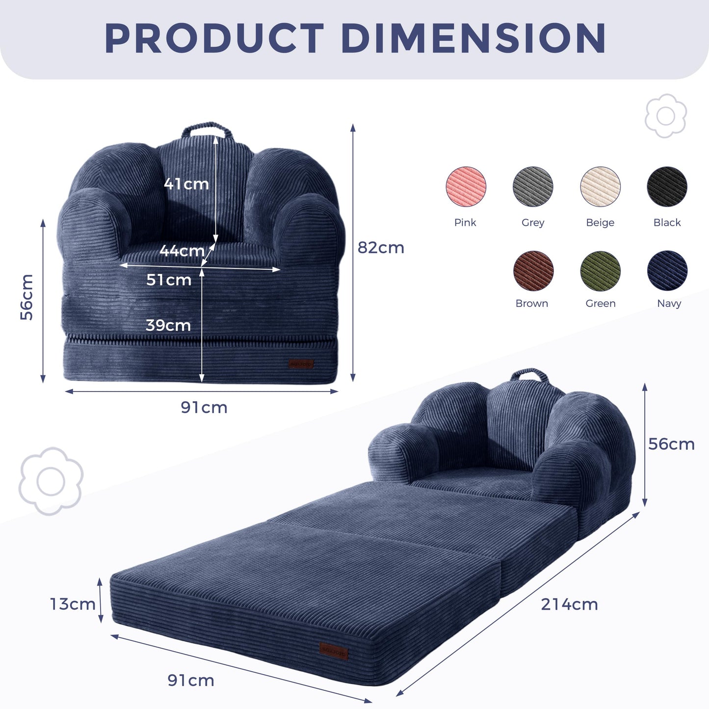 MAXYOYO Folding Sofa Bed with Backrest, Floral Shaped 2 in 1 Convertible Sofa to Comfy Faux Fur Bean Bag Chair for Adults