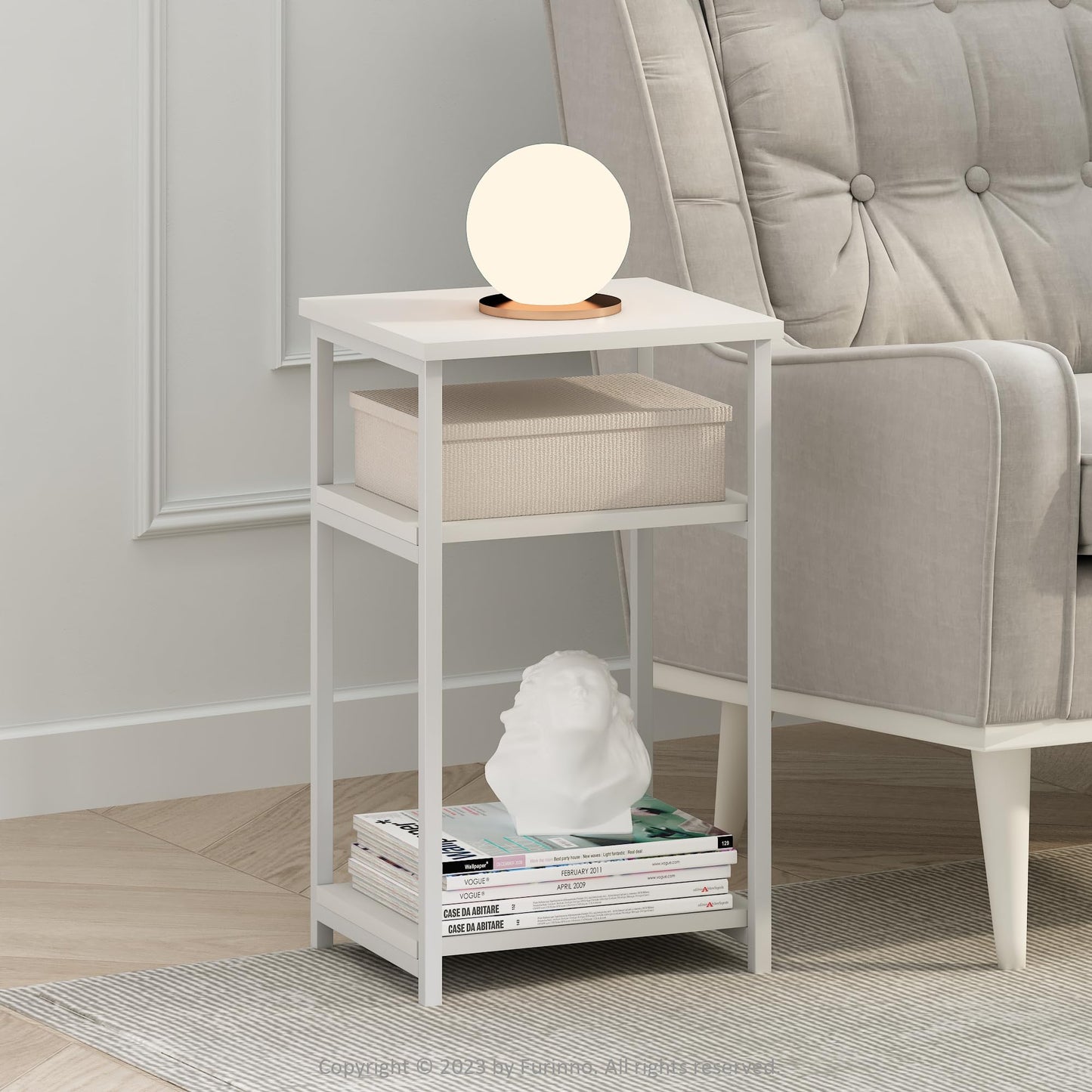 Furinno JUST Side Table, 3-Tier Metal Frame End Table with Open Shelf, Night Stand, Bedside Table, for Living Room, Bedroom, White