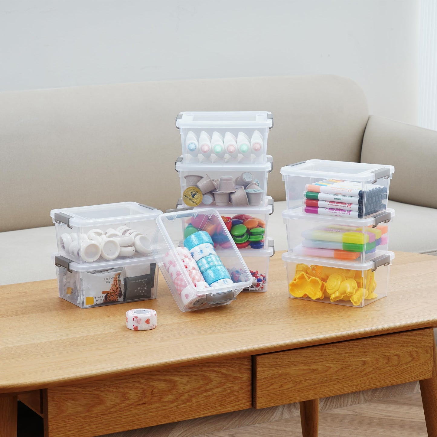 Citylife 10 Pack Storage Boxes with Lids Plastic Small Clear Stackable Box for Shelves Toys, 1.25L