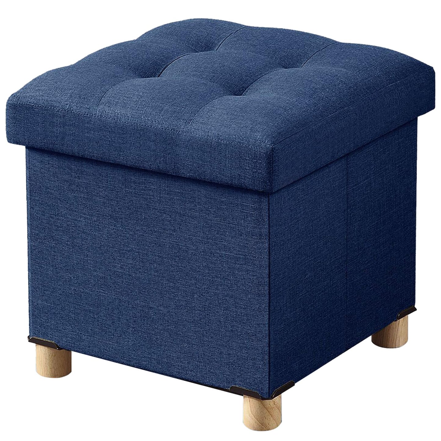 BRIAN & DANY Folding Storage Ottoman with Wood Legs, Linen Foot Stool, Storage Chest with Highly Elastic Sponge Filling, Navy Blue, 38 x 38 x 38 cm