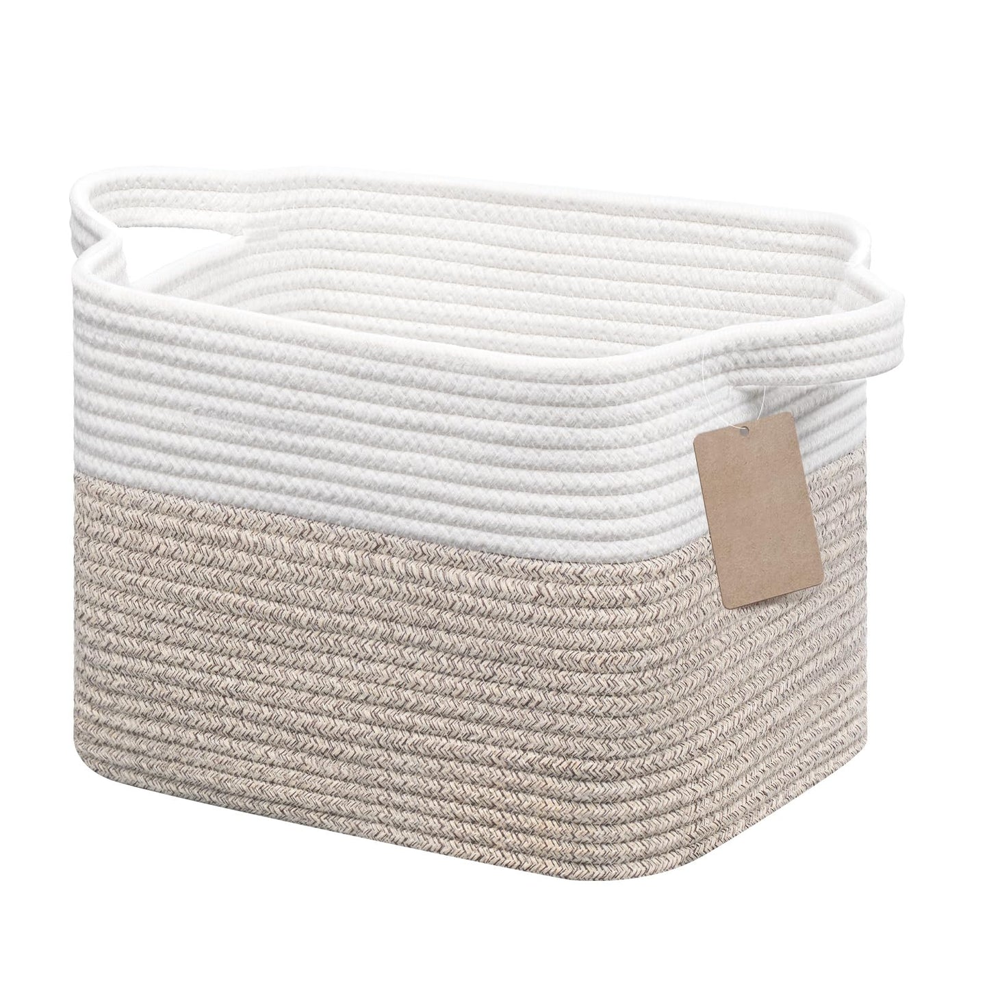 JOJOSEE Small Cotton Rope Woven Storage Basket for Shelves, White&Brown