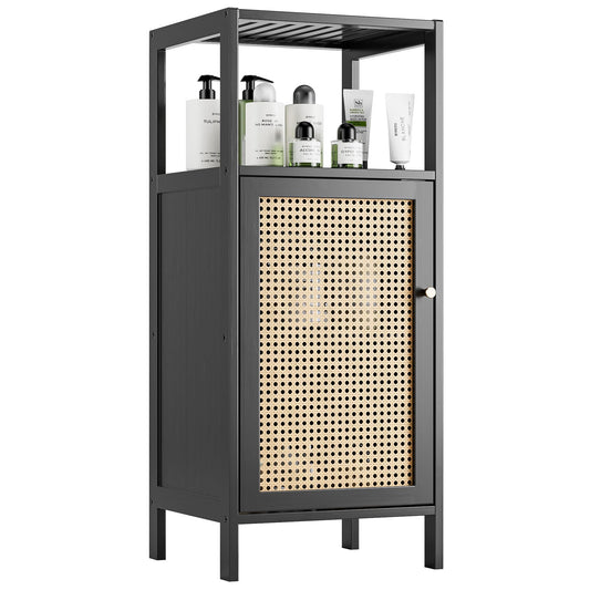 vovala Bamboo Floor Rattan Cabinet, Small Bathroom Storage Organizer Rack with 1 Door and 1 Shelf, Space Saving Wood Kitchen Cupboard, Hallway Side