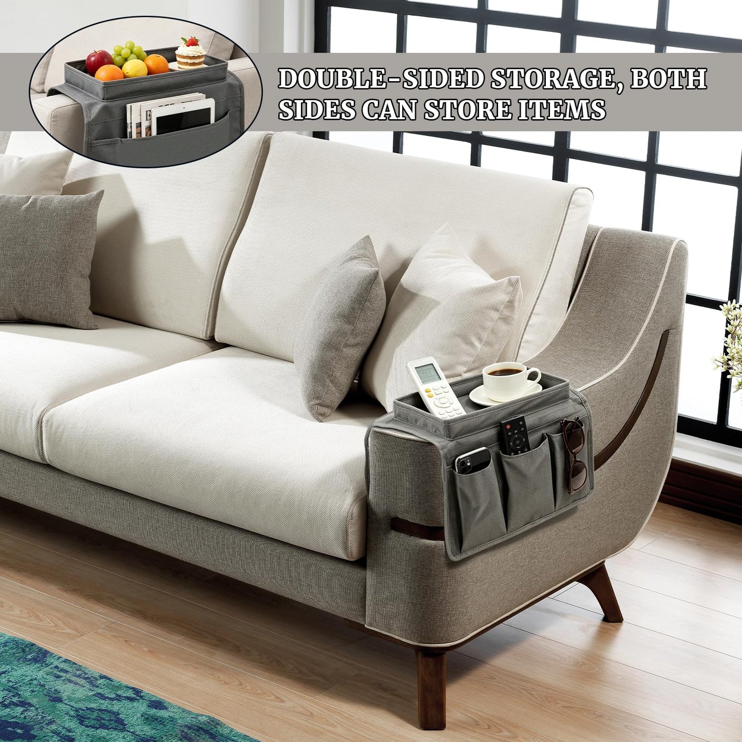 Fizleca Sofa Arm Tray, Armchair Tray, Armrest Tray Organizer - Waterproof Non-Slip Caddy with 4 Pockets for Cups, Snacks, Phones, Tablets, Books