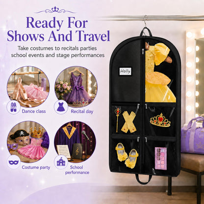 Garment Bags for Costumes & Suits – 2 Pack with 6 Clear Windows & 5 Zippers – Wrinkle-Free Storage for Dance, Travel & Sports Jerseys Black