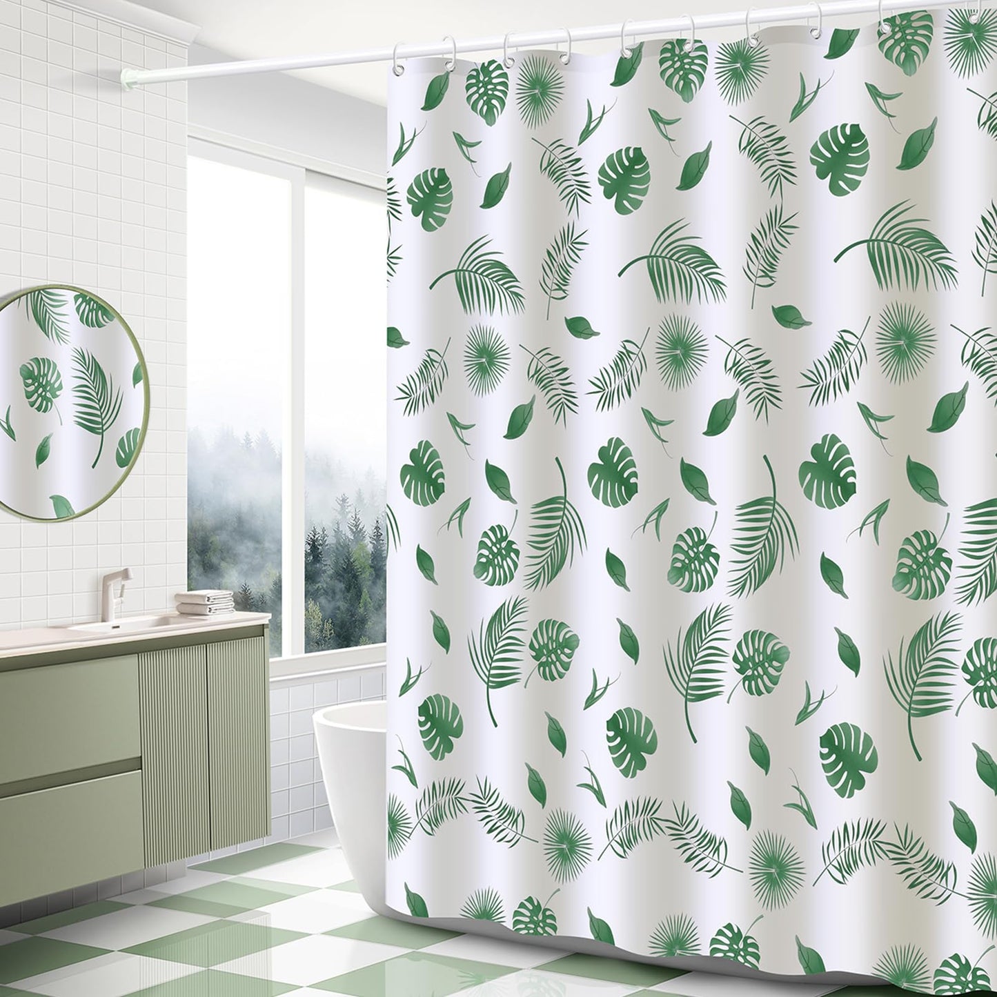 BANLMEYD Shower Curtain Mould Proof Resistant Green Leaf, Premium PEVA Waterproof Shower Curtain