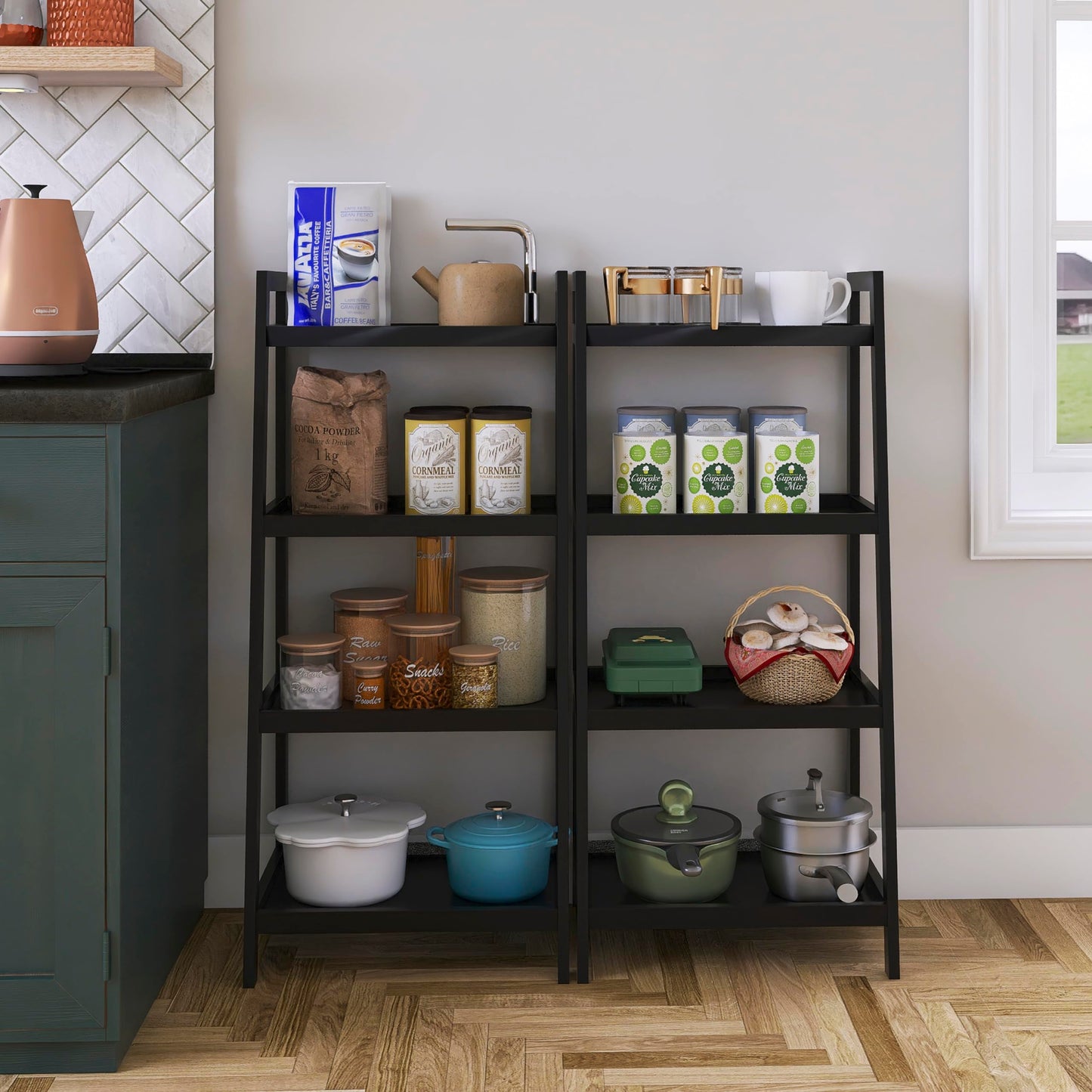 SMIBUY Bamboo Bookshelf, Bathroom Storage Rack Organizer, Plant Flower Display Stand Floor Standing with 4 Tier Open Shelves and Handles (Black)