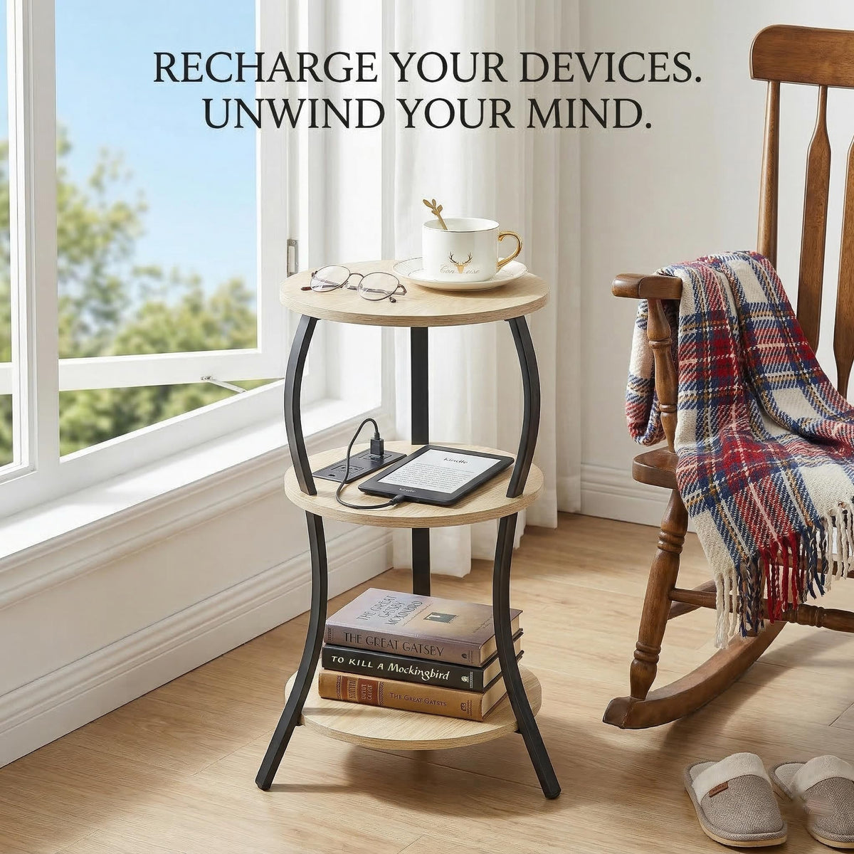 YEAKOO Small Side Table with Charging Station,3-Tier Round end Table