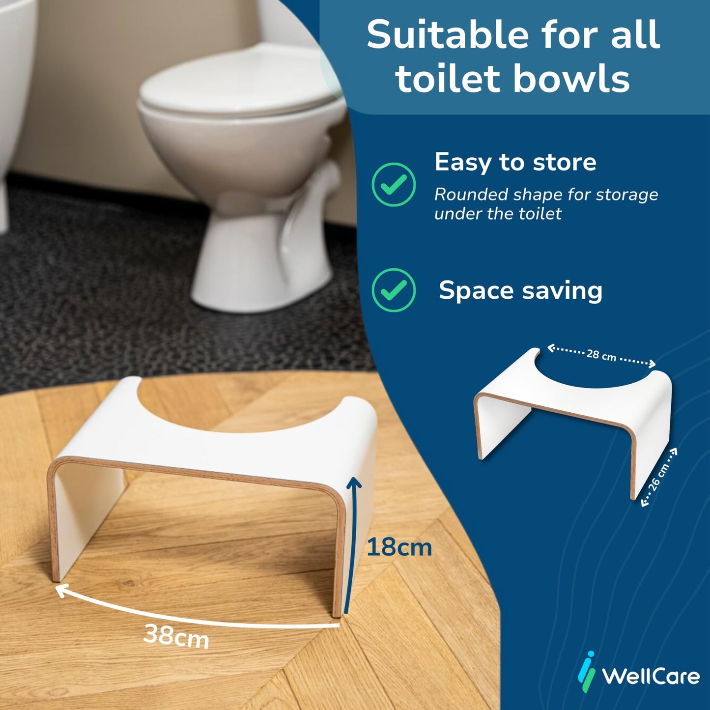 Well Care Wooden Toilet Stool for adults White - Bathroom Foot Step for Squatting - Stoolie for Squat posture to relieve Constipation