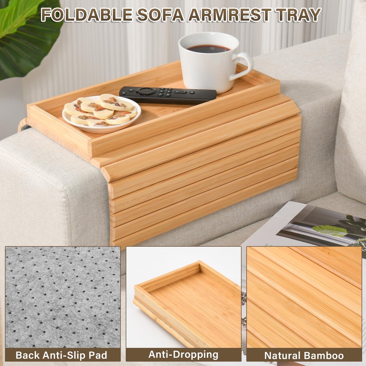 WGNIVOROUS Natural Bamboo Sofa Arm Tray, Armchair Tray, Adjustable Sofa Support, Sofa Side Table for Remote Control, Drink, Snacks, Magazine