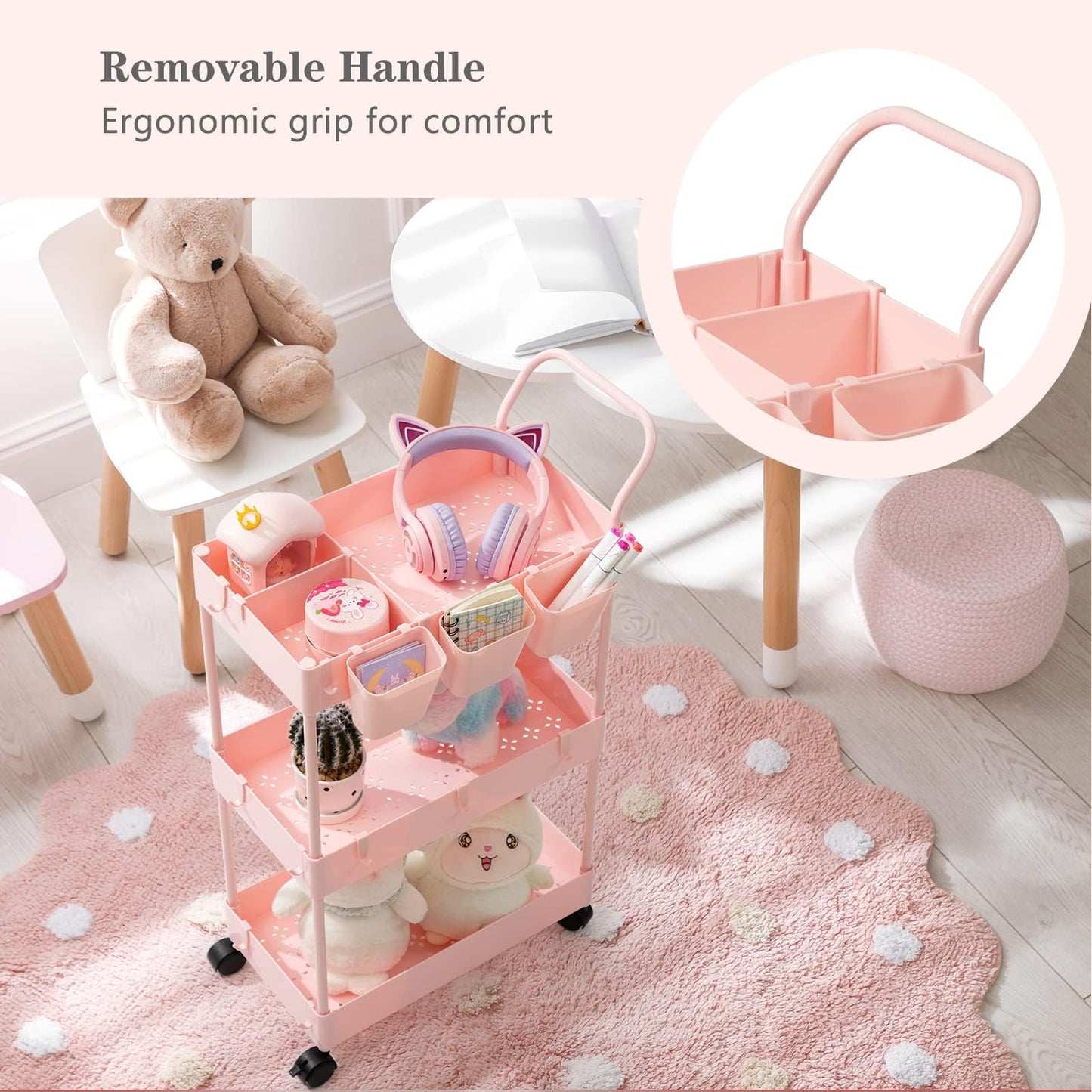 danpinera 3-Tier storage trolley, storage trolley on wheels, beauty trolley with Dividers & Hooks & Hanging Cups, kitchen trolley