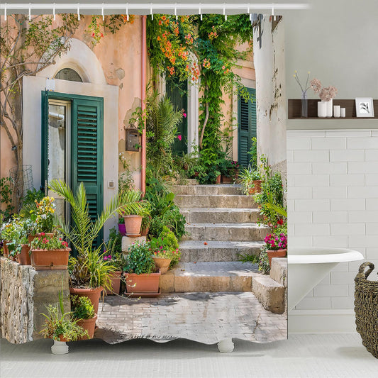 Simpomsy Street Scenery Shower Curtain with Old Stone House and Flower Picture Lightweight Quick-dry Cloth Bathroom Curtain with Hooks Tall Floral
