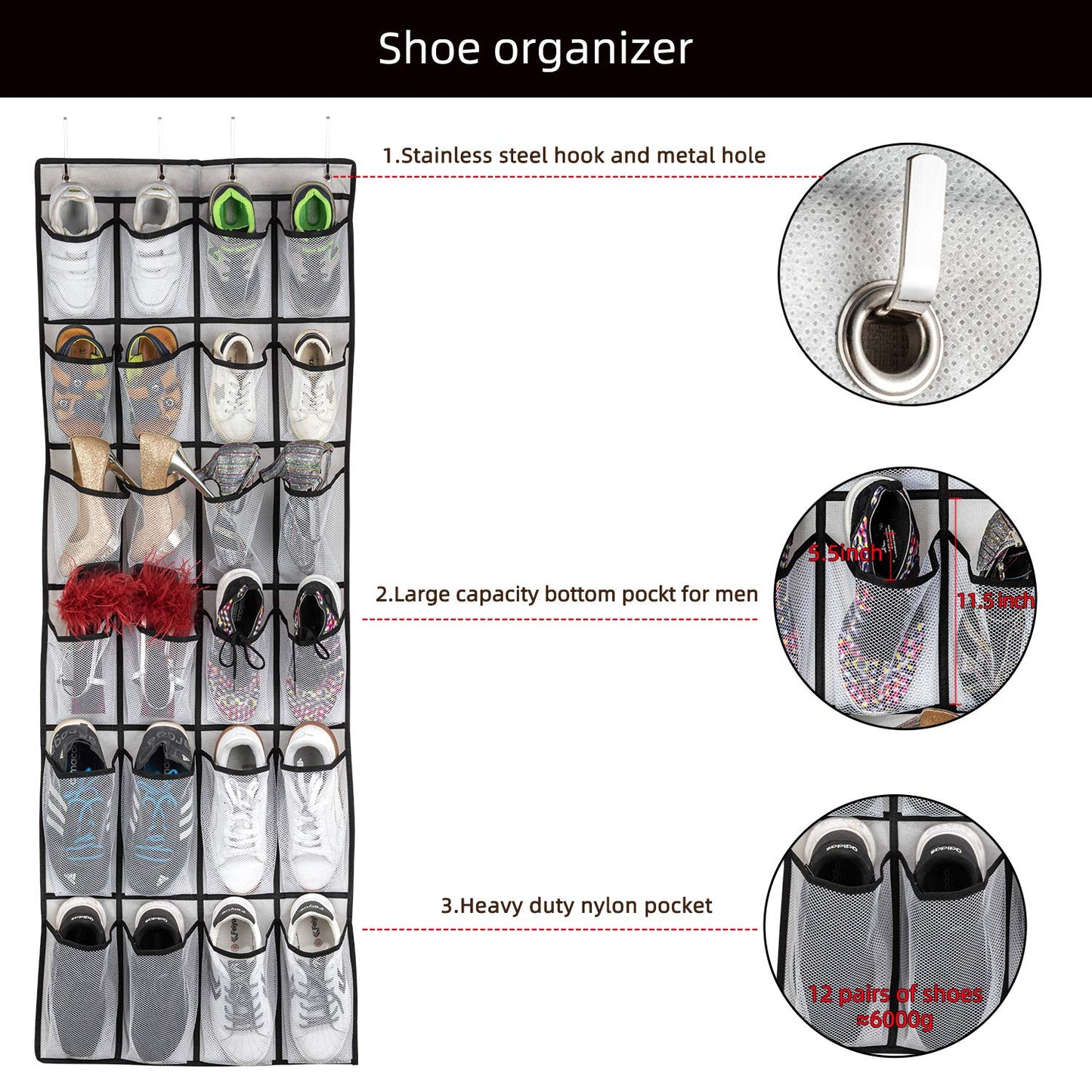 SAVERHO Over The Door Shoe Organizer, Hanging Shoe Organizer with 24 Mesh Large Pockets Door Shoe Rack Organizer for Men Women Kids Hanging Shoe