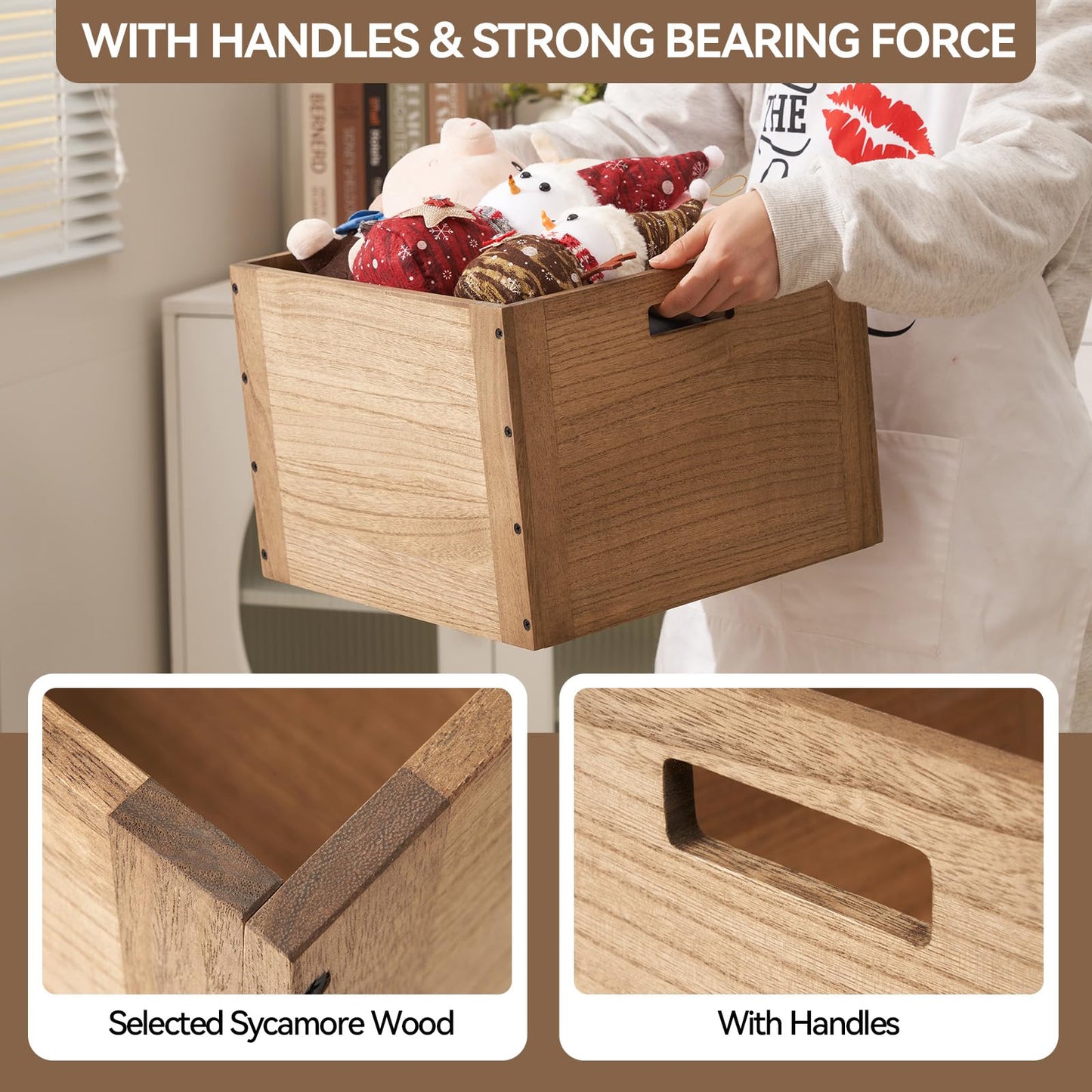 KIRIGEN Stackable Wooden Storage Cube Shelf with Handles, Brown