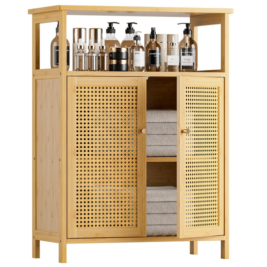 HITNET Rattan Bathroom Storage Cabinet, Bamboo Floor Cupboard with Doors, Freestanding Side Organizer for Living Room, Kitchen, Entryway, Natural