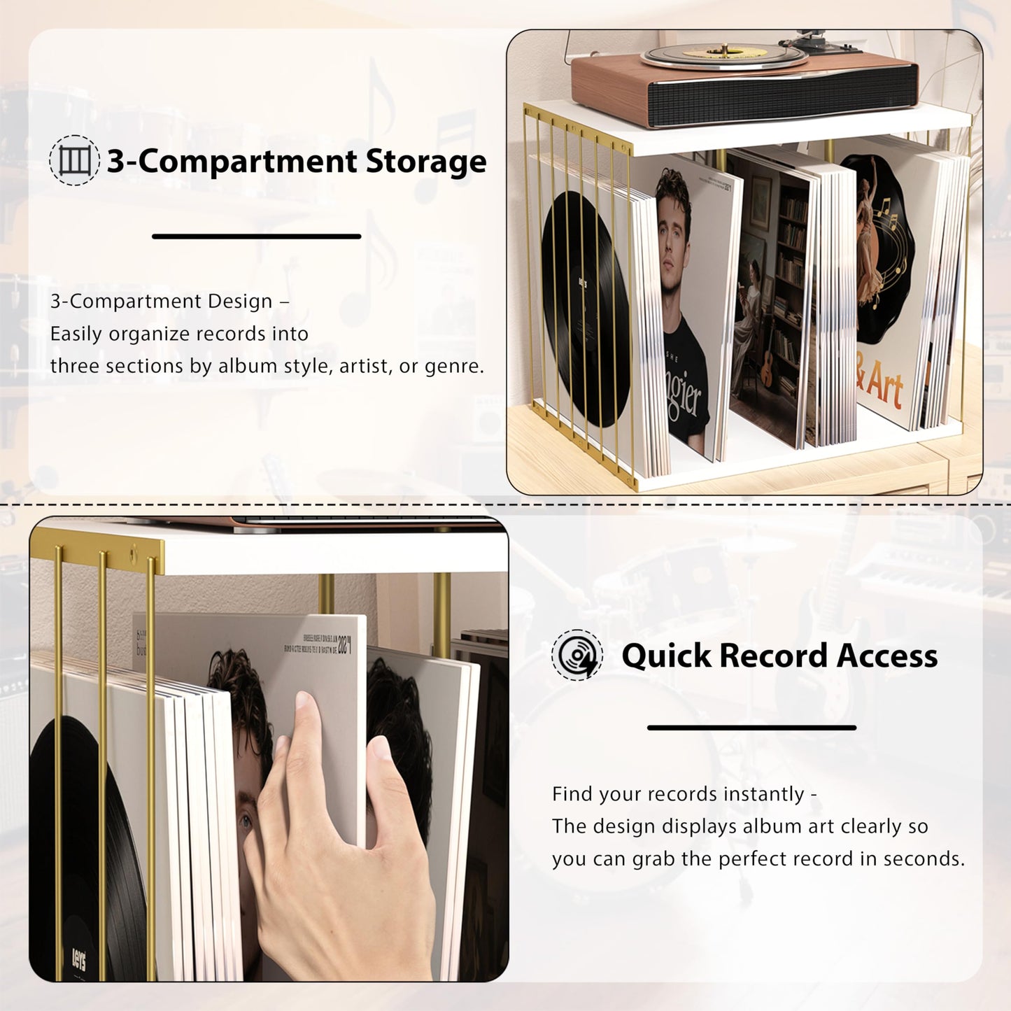 Emfogoo Vinyl Record Storage, Metal & Wooden Vinyl Record Holder Up to 80 LP Albums, 3-Compartment Record Player Stand for Magazine, Book, Files