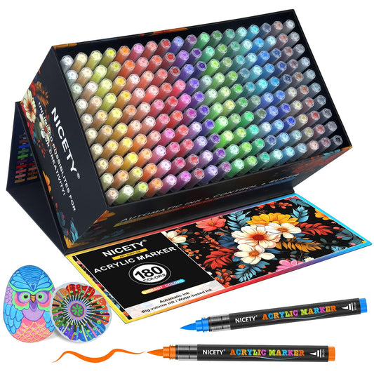NICETY 180 Colors Acrylic pens - Brush Markers for Painting on Stone, Wood, Glass, Ceramics - Brush Tip 1-6mm, Water Based Acrylic Markers for Adults
