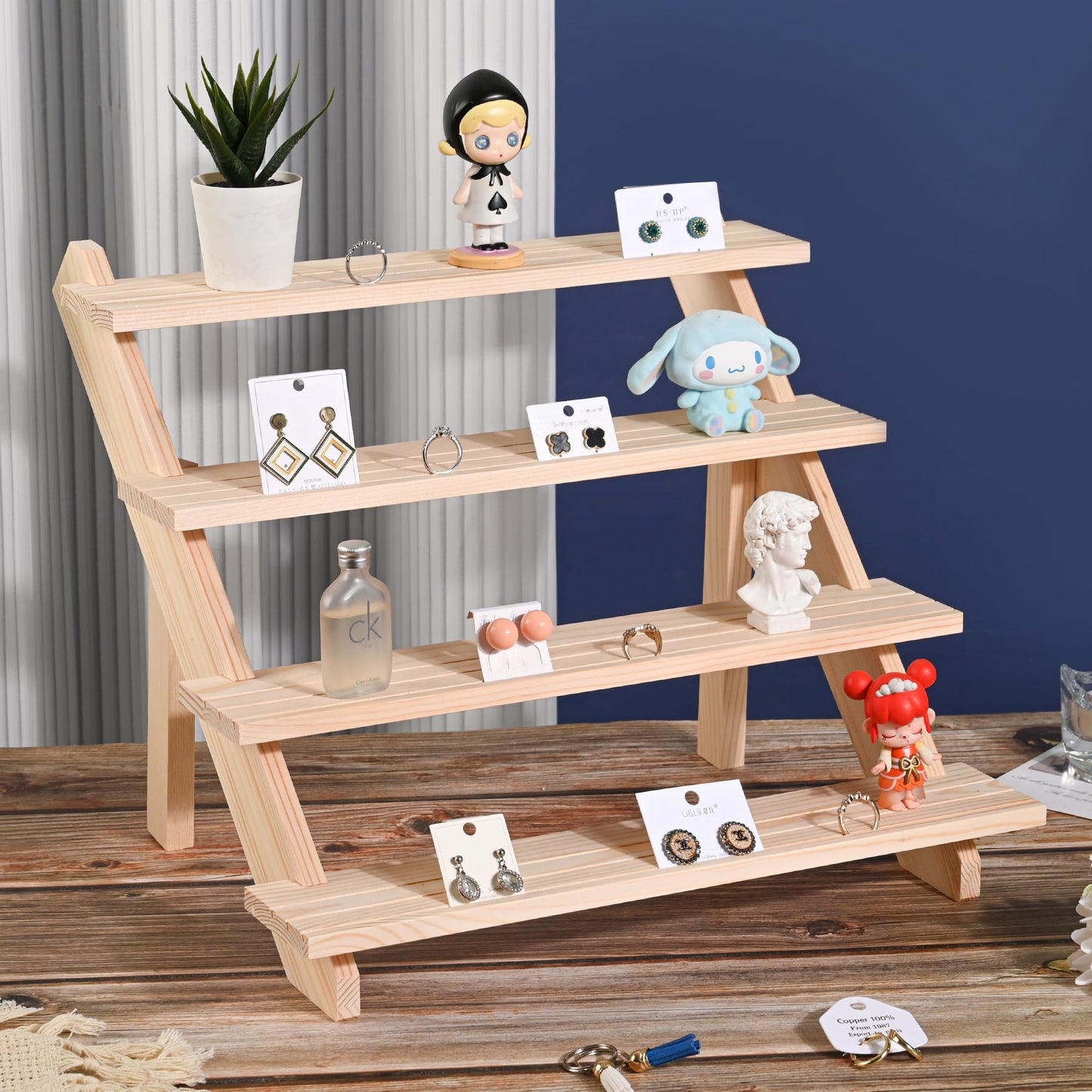 LEXFUNN Wooden Jewellery Display Rack Stand Earring Stall Stand Organizer Shelf 3/4 Tier (4 Tier)