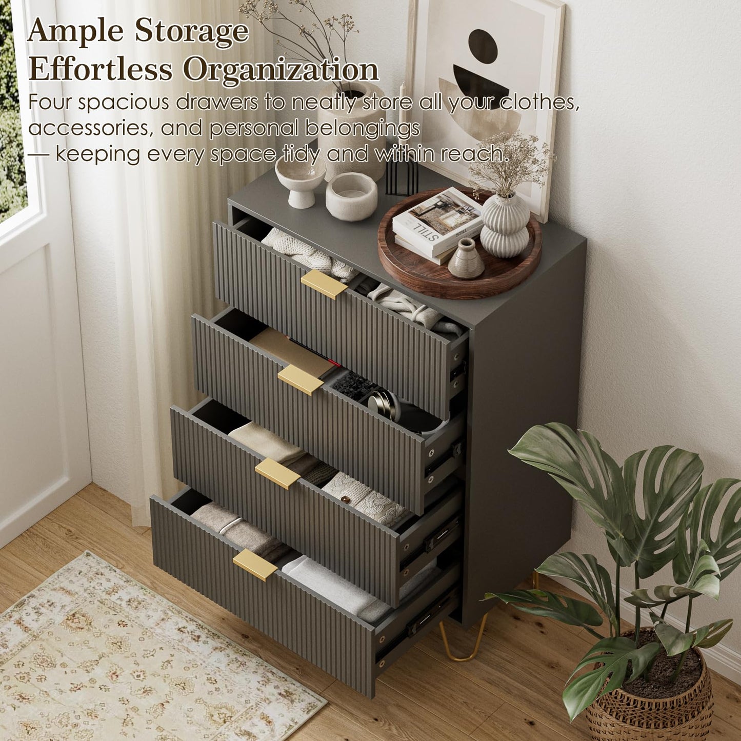 HEYZOEY Grey Chest of 4 Drawers for Bedroom, 60x34x91cm, Wood Storage Dresser Bedroom Furniture Cabinet for Living Room,Office,Lounge,Grey
