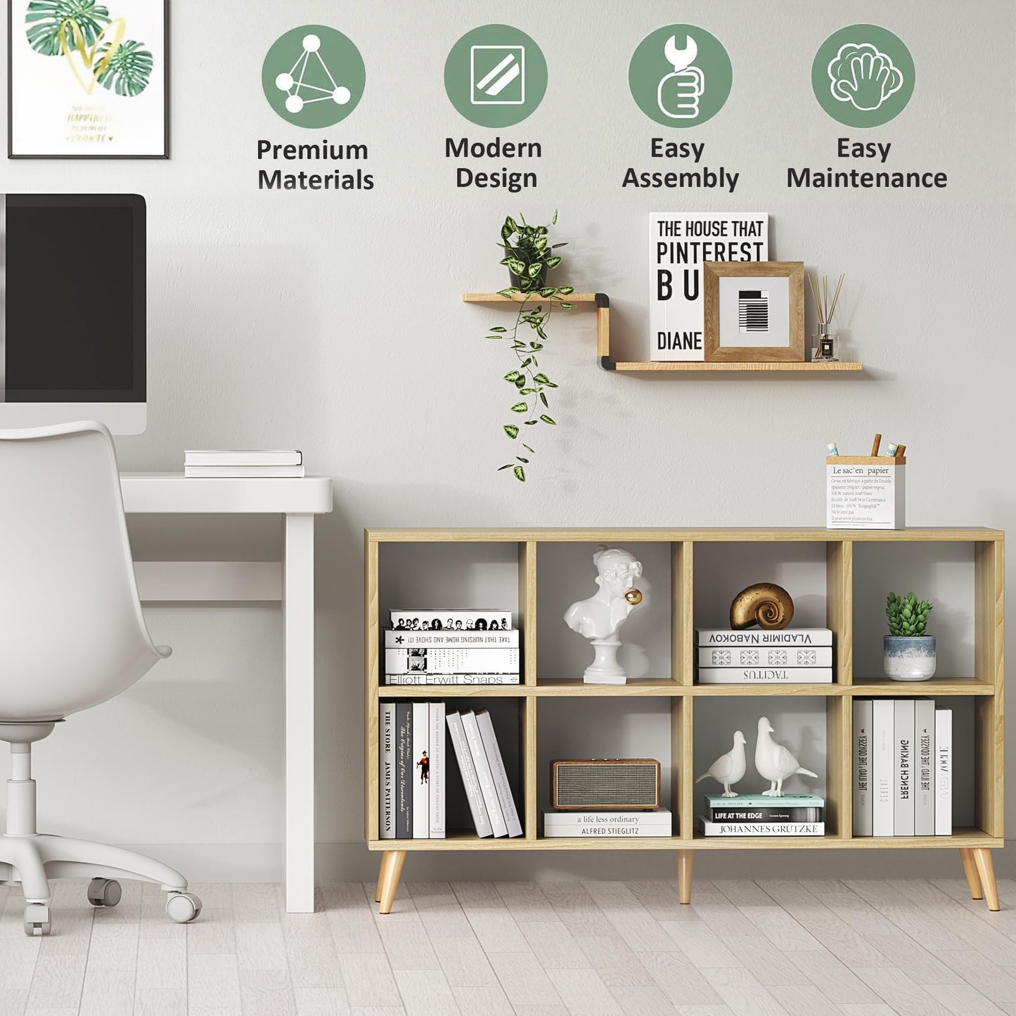 Flrrtenv 8-Cube Bookshelf 2 Tier Retro Bookcase with Legs, 120cm Wood Bookshelves Storage Organizer Shelf