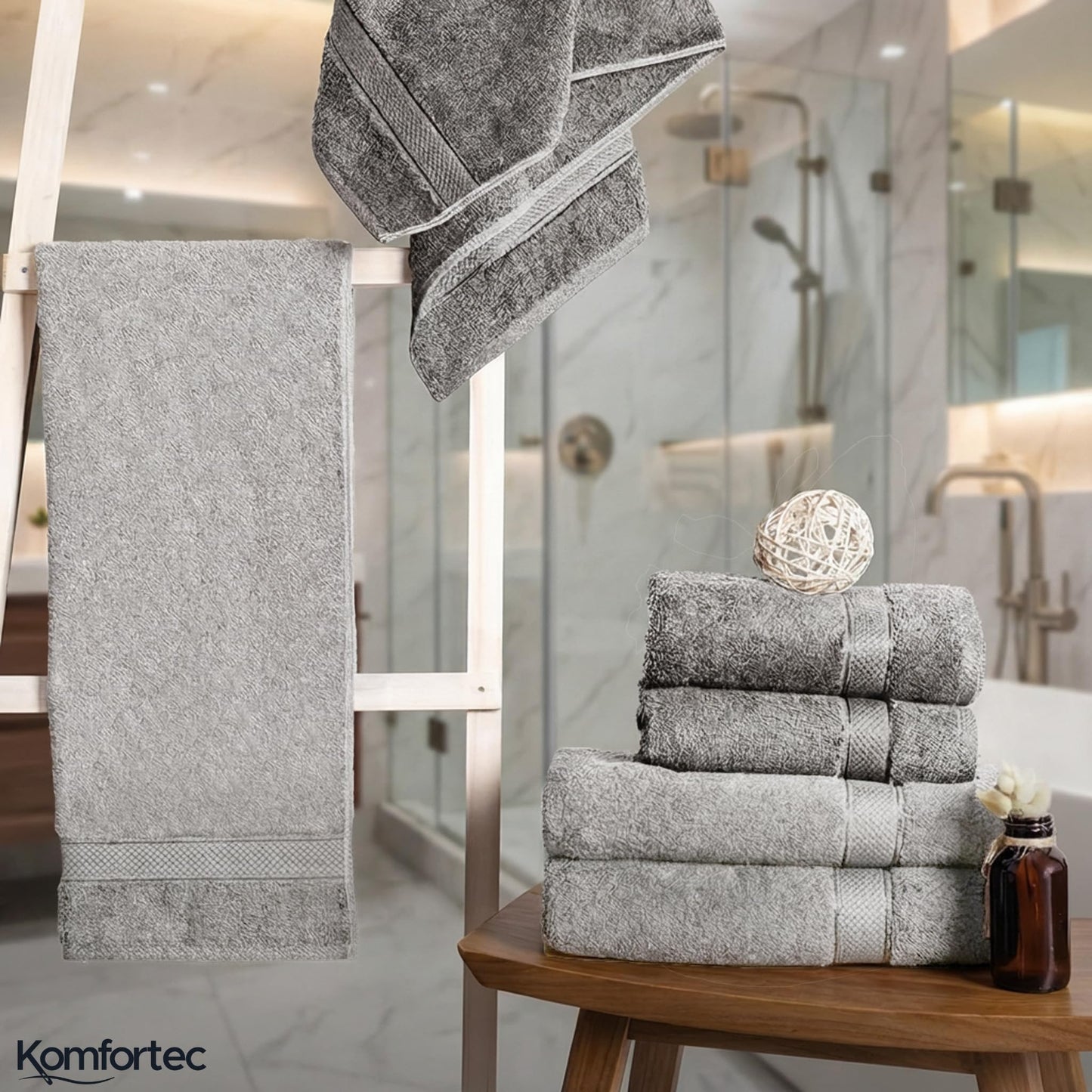 Komfortec Hand Towel Set, 8 Pieces, 100% Cotton, Silver/Anthracite