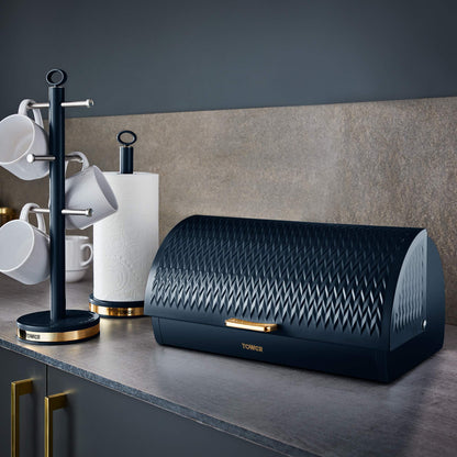 Tower T826090MNB Empire Roll Top Bread Bin, Stainless Steel, Midnight Blue and Brass