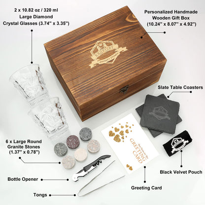Large Whisky Stones and Glasses Gift Set,Whisky Rocks Chilling Stones in Handmade Wooden Box-Cool Drinks Without Dilution-Whisky Glasses Set of 2,Six