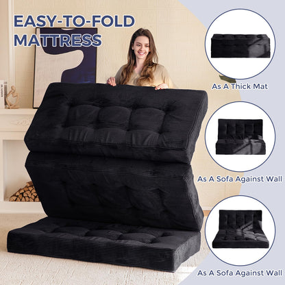 MAXYOYO Folding Mattress, Comfy Corduroy Foldable Mattress with 15cm Thicken Foam, Tri-Fold Floor Futon Sofa Bed for Guest,Black,Double