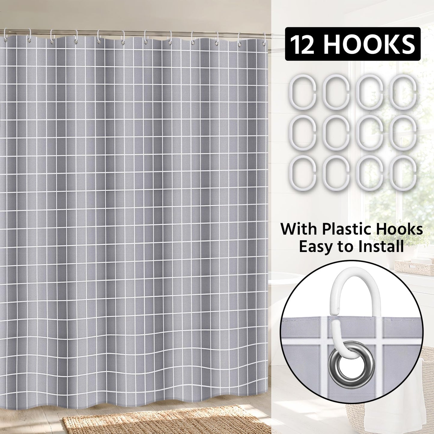 FAVORTALK Shower Curtain Grey Checkered Waterproof 180x180 cm Polyester Bathroom Curtain Grid Thick Duty Bath Curtains with 12 Hooks Resistant