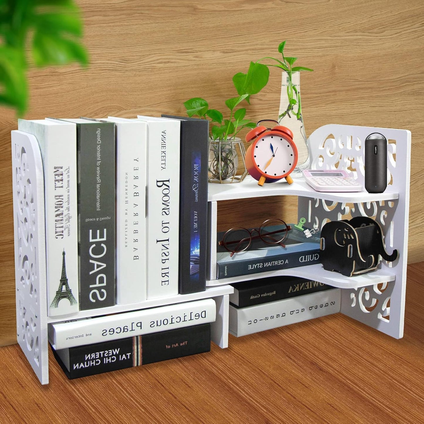DoToGo Desk Shelf Organizer, Deskop Bookshelf for Small Space Adjustable Expendable for Office, Home, Kitchen (white-wanqu-lk)