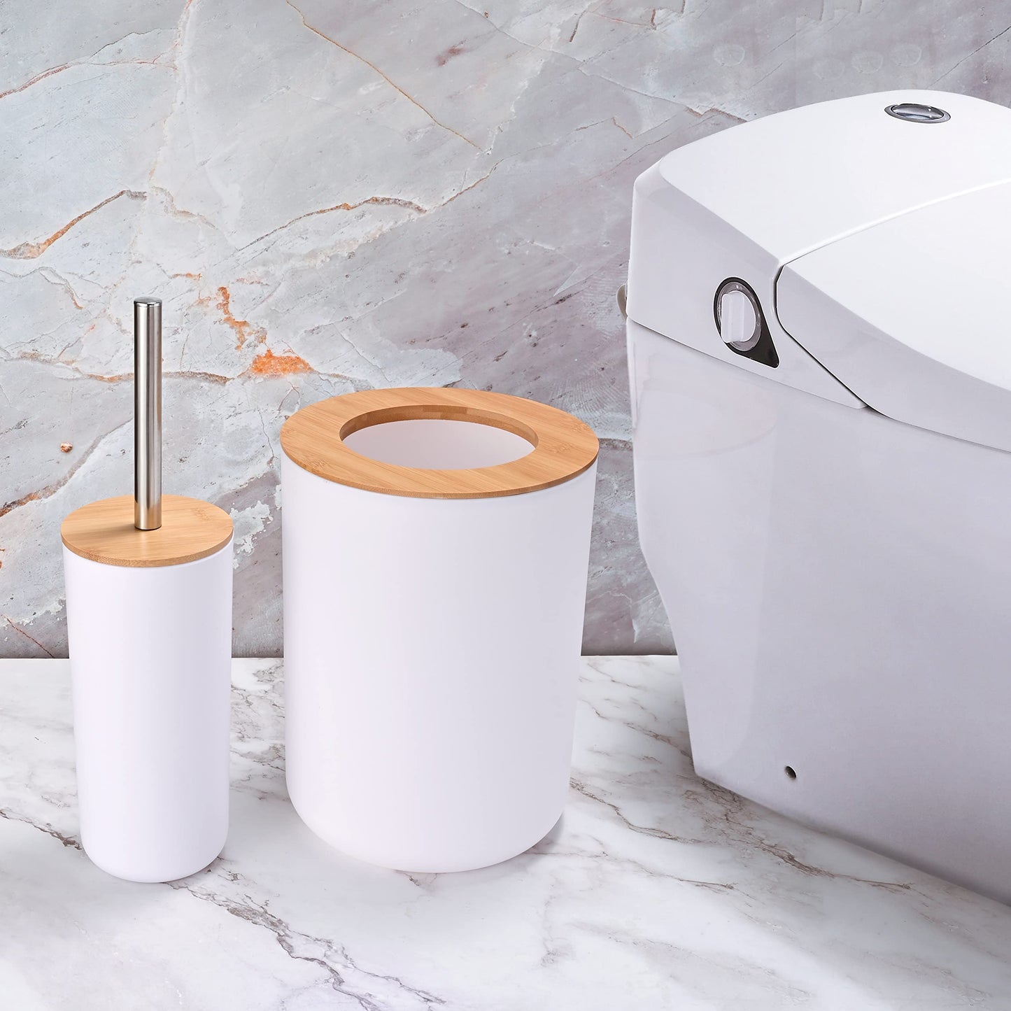 Yorkmills Bamboo Bathroom Accessories, 6 Pieces White Bathroom Accessory set, Bathroom Bin Toilet Brush Set, Durable Toothbrush Holder Cup