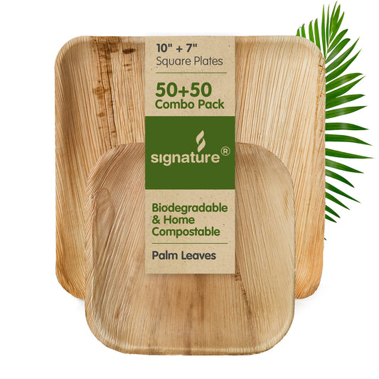 Signature Packaging - Disposable Palm Leaf Plates - 10" and 7" (100 Combo Pack) - Sturdy, Square Party Plates