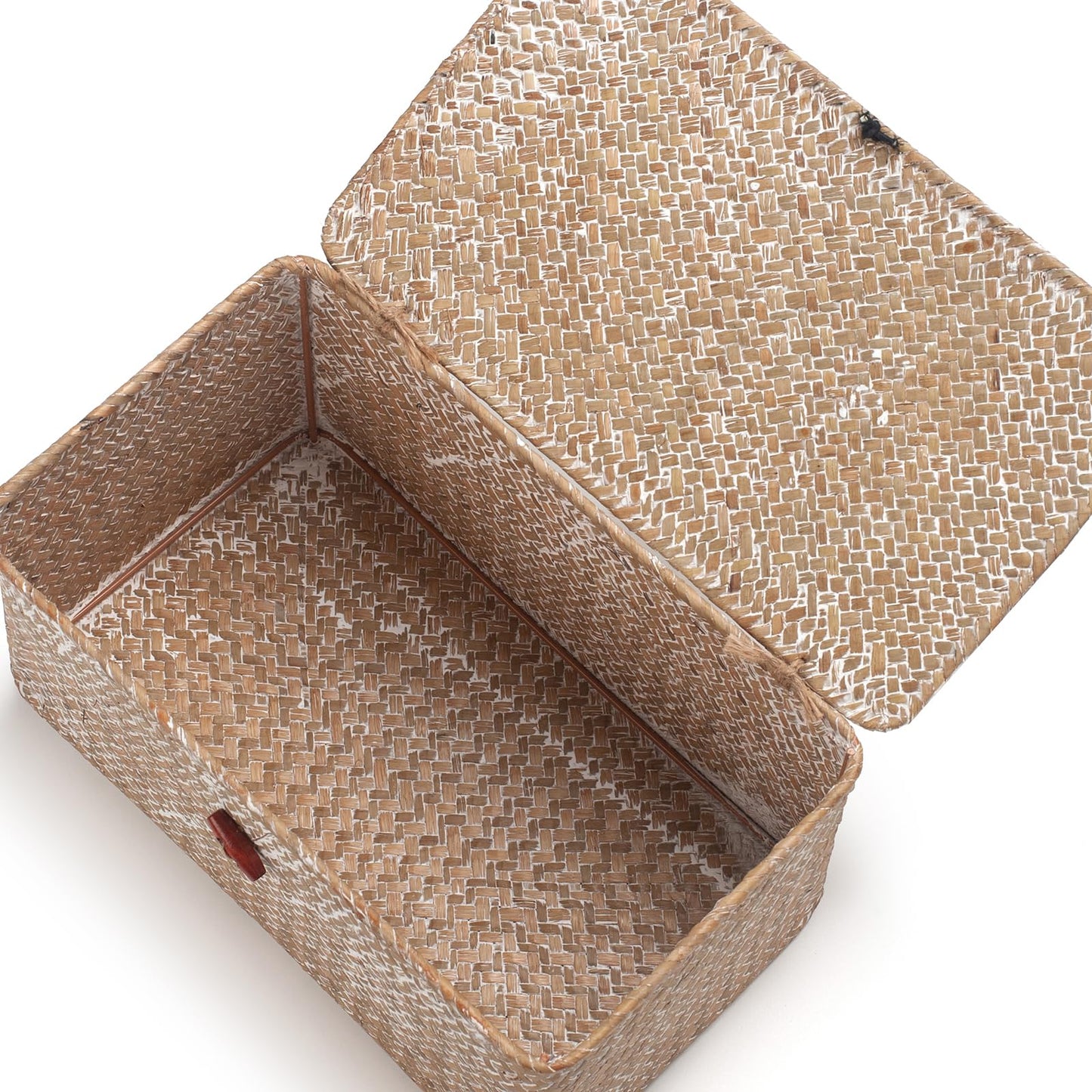 Seagrass Storage Baskets with Lid Natural Rattan Woven Rectangular Organizer Box (Whitewash Small 26cmx14cmx11cm H)