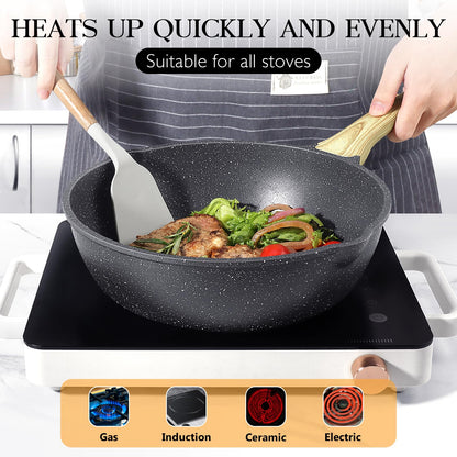 GiPP Nonstick Deep Frying Pan - 2.6L Grey Granite Saute Pan with Lid, Pour Spout and Stay-Cool Handle, Non Stick Skillet Non Toxic Cooking Pan