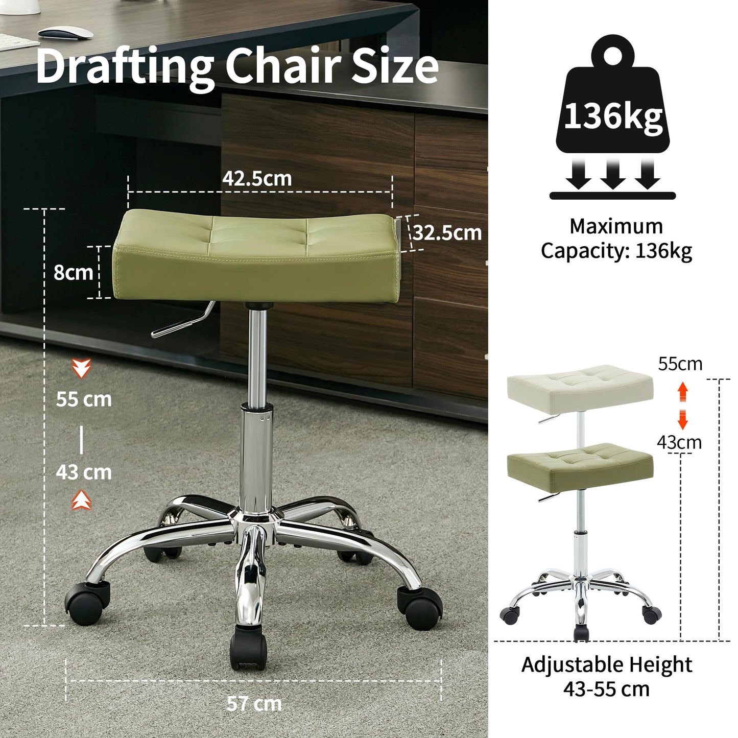 FIRAVOE Adjustable Work Stool with Wheels (136 kg Capacity) (Saddle Shaped Seat) Faux Leather Workbench Stool