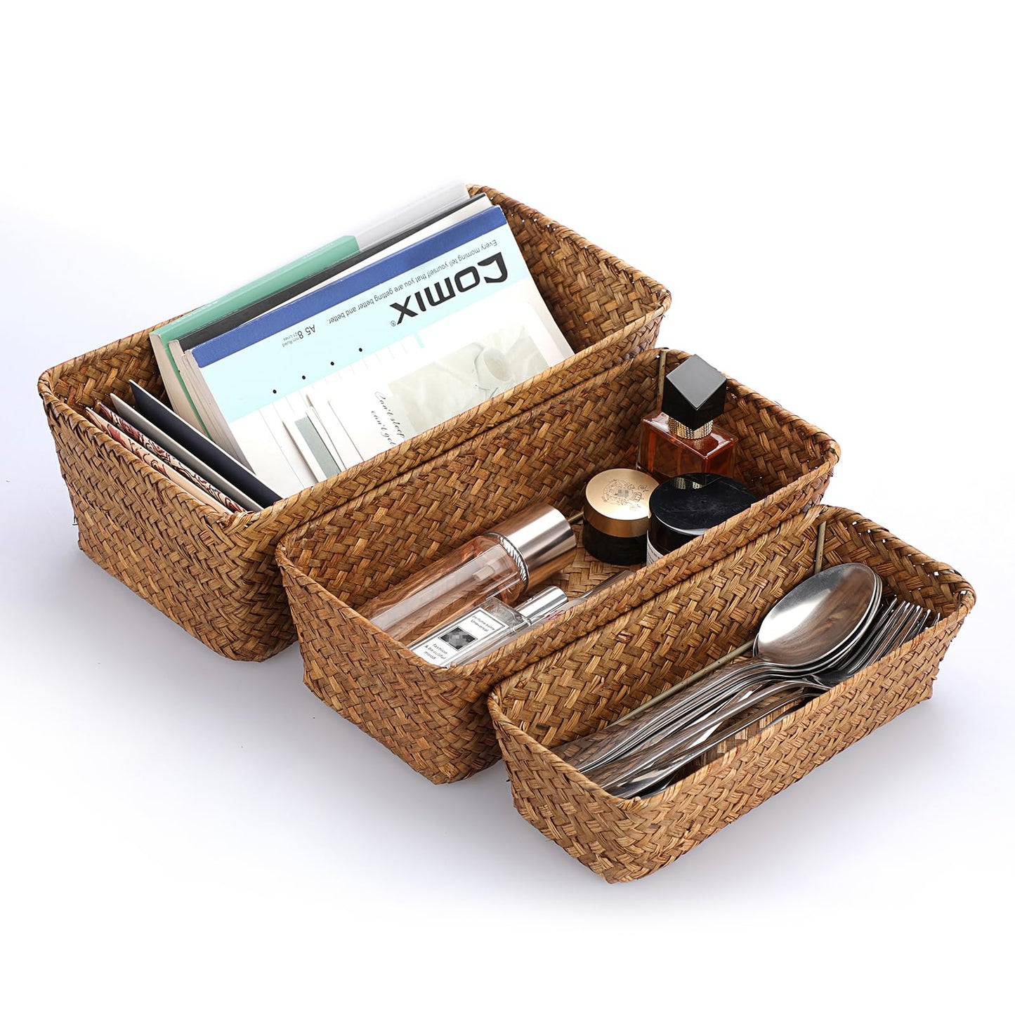 SUMTree Set of 3 Seagrass Storage Baskets Natural wicker Baskets (Caramel)