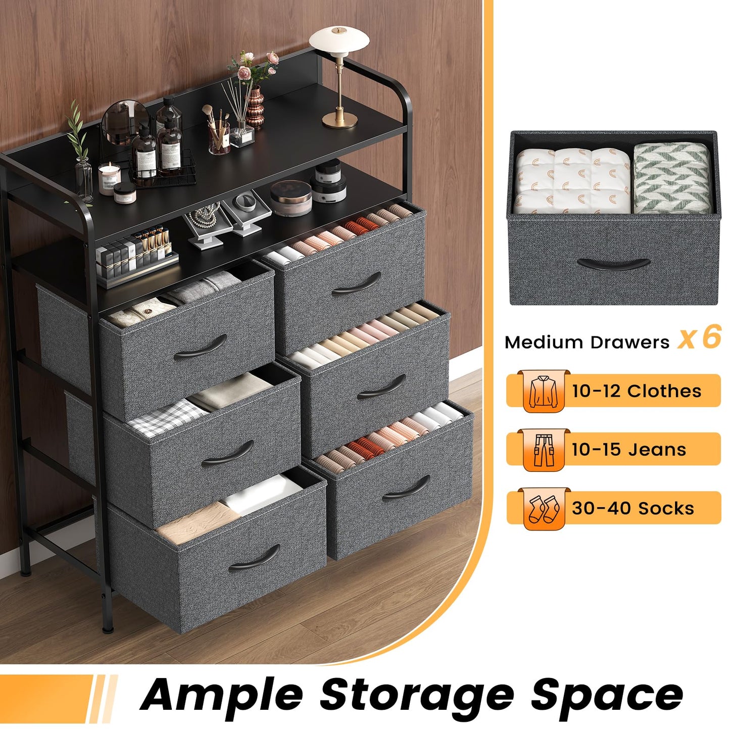 GoaHi Chest of Drawers, Dresser for Bedroom with 6 Fabric Drawers, Tall Storage Organizer Unit with 2 Layers Shelf for Bedrooms,Living Rooms